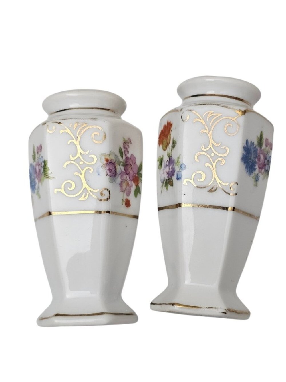 Vintage JAPAN Floral Hexagon CHIKARAMACHI 3.5" Salt Pepper Shakers Gold Scrolls - Picture 5 of 8